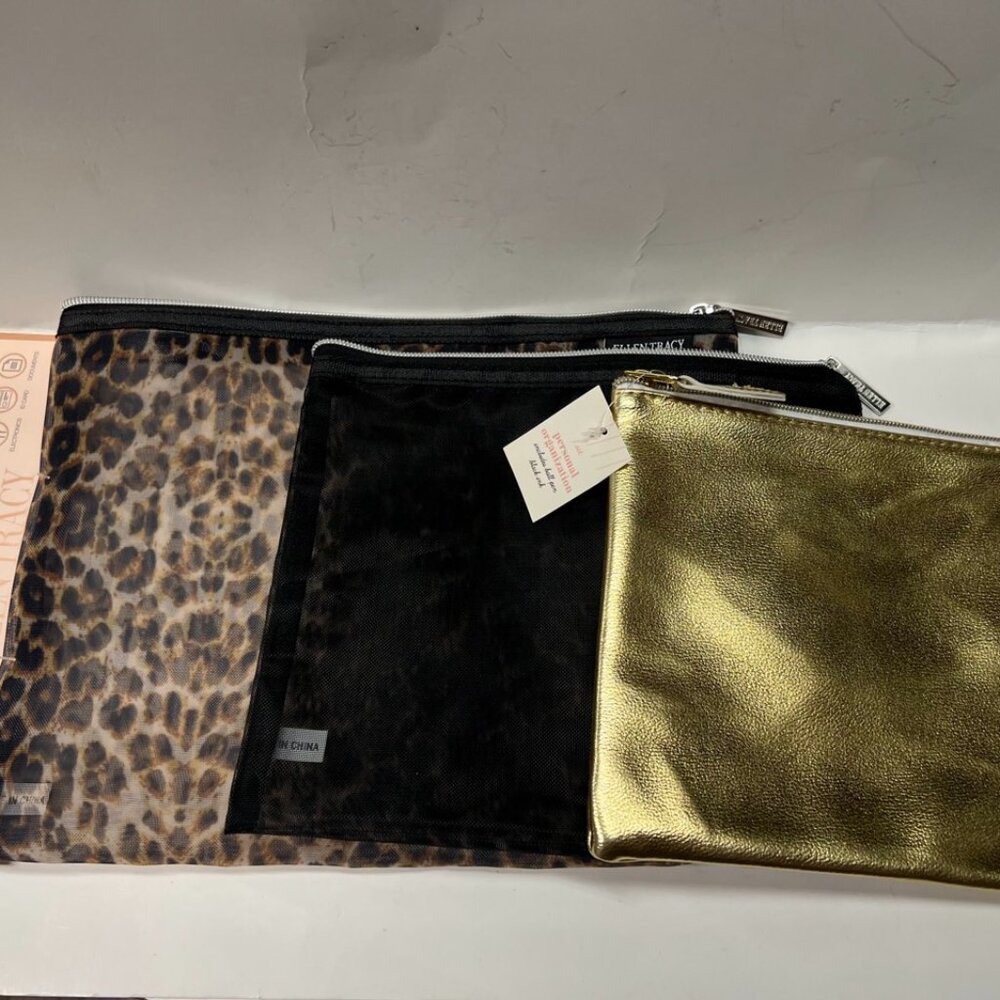 NEW 3pc Toiletries Zippered Travel Pouch Set Cheetah Gold Makeup Bag